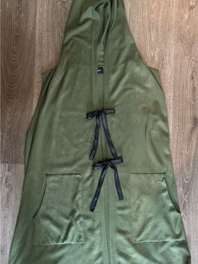 Olive Green Hooded Sleeveless vest duster with Tie Front